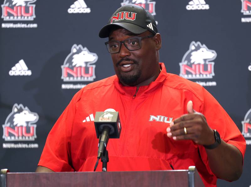 Thomas Hammock, Northern Illinois University football head coach, speaks Wednesday, Aug. 13, 2025, during the NIU fall sports media day in the Yordon Center at NIU in DeKalb.
