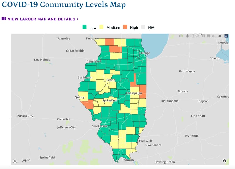 The latest COVID-19 transmission levels as of Friday, October 28, 2022, according to the Illinois Department of Public Health