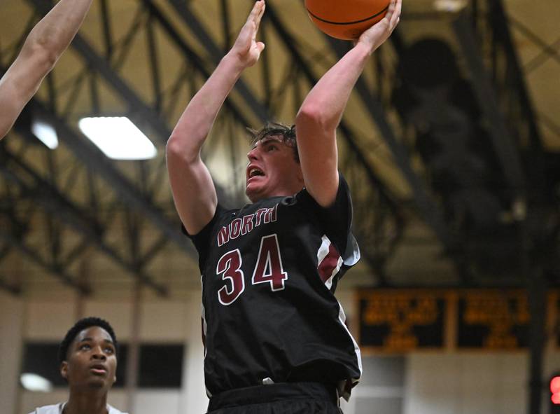 Plainfield North's Quintin Wiencek (34) in action during a conference game against Joliet West on Friday, Dec. 20, 2024, at Joliet.