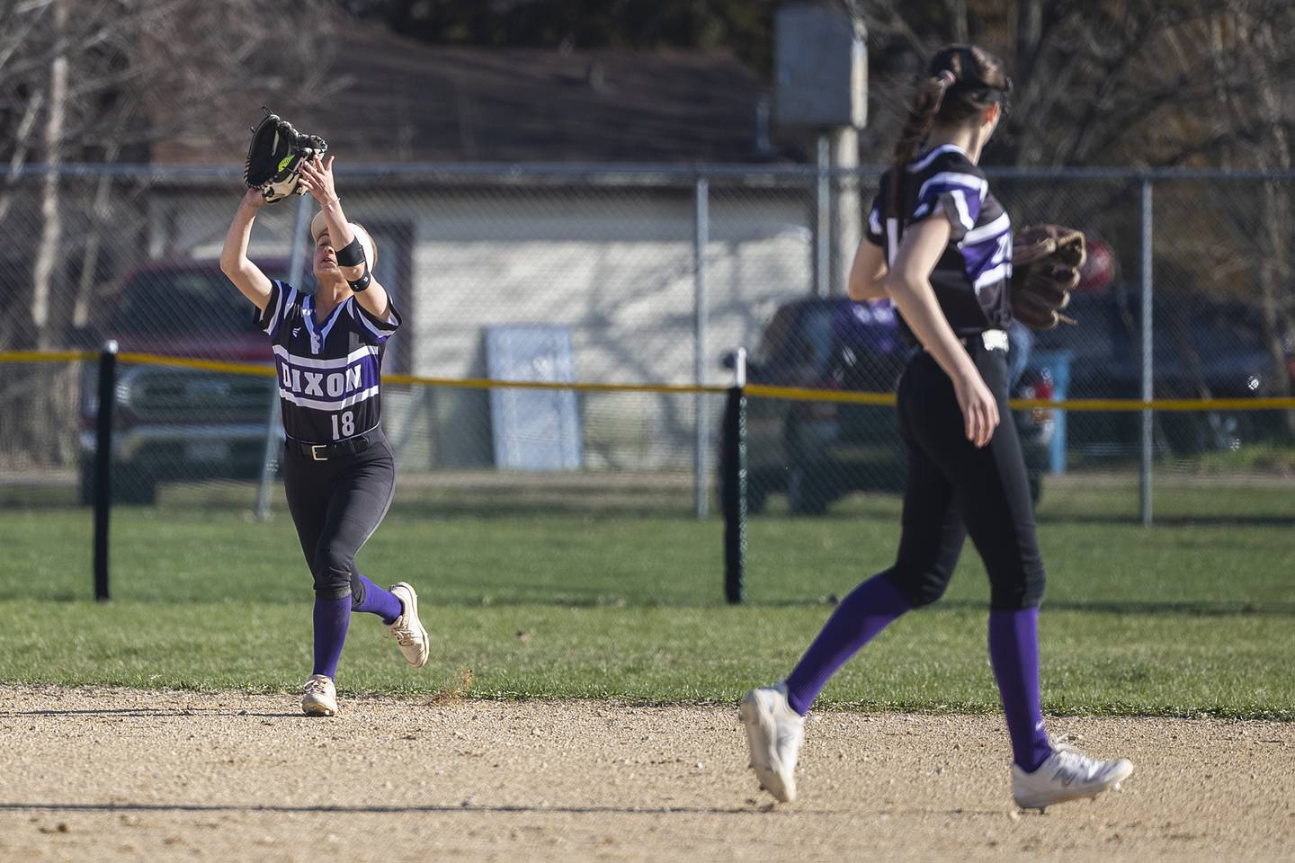 Dixon’s Bailey Tegeler hauls in a fly ball against Rock Falls Tuesday, April 9, 2024 at Reynold’s field in Dixon.
