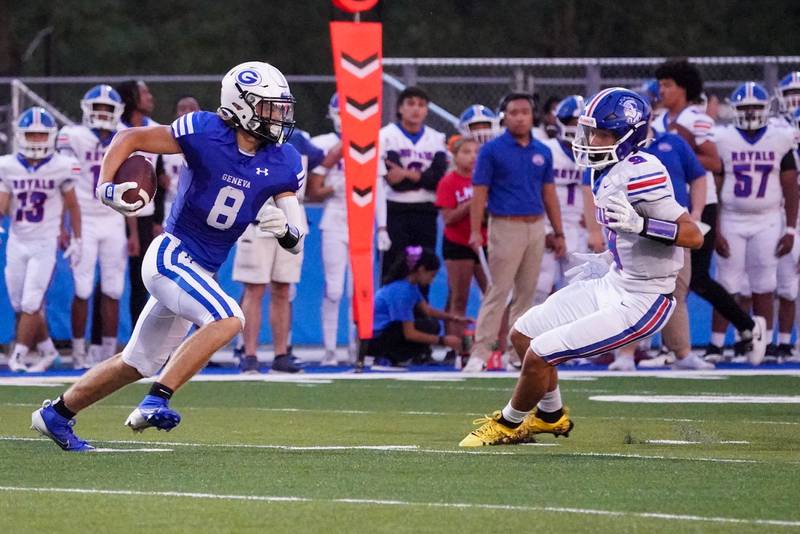 Geneva’s Finnegan Weppner (8) runs after the catch for a touchdown against Larkin during a football game at Geneva High School on Friday, Aug 30, 2024.