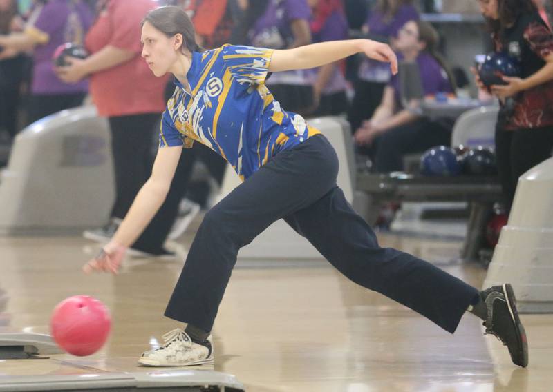 Sterling's Sarah Doughty bowls during the IHSA girls bowling Regional meet on Friday, Feb. 6, 2026 at the Illinois Valley Super Bowl in Peru.