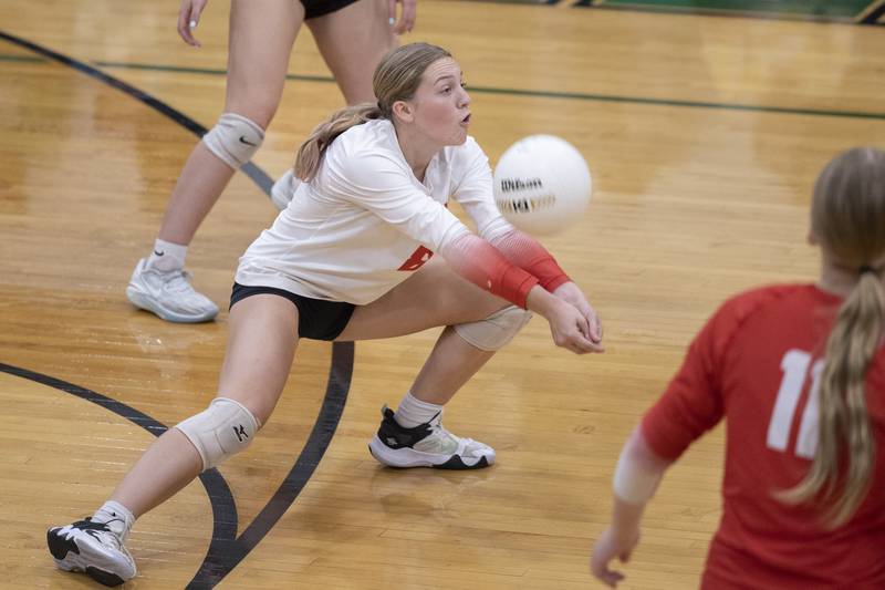 Oregon’s Addi Rufer makes a pass against Rock Falls Wednesday, Oct. 22, 2025.