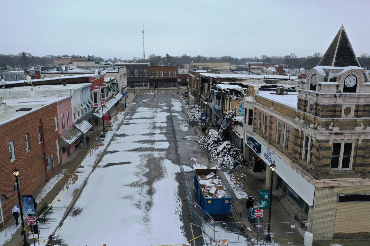 A view of the buildings on the 700 block of Illinois Avenue on Thursday, Jan. 5, 2023 downtown Mendota. The fire happened shortly after 9p.m. on Thursday, Dec. 29, 2022. The fire escalated to a four and to a five MABAS alarm and an EMS fourth alarm.