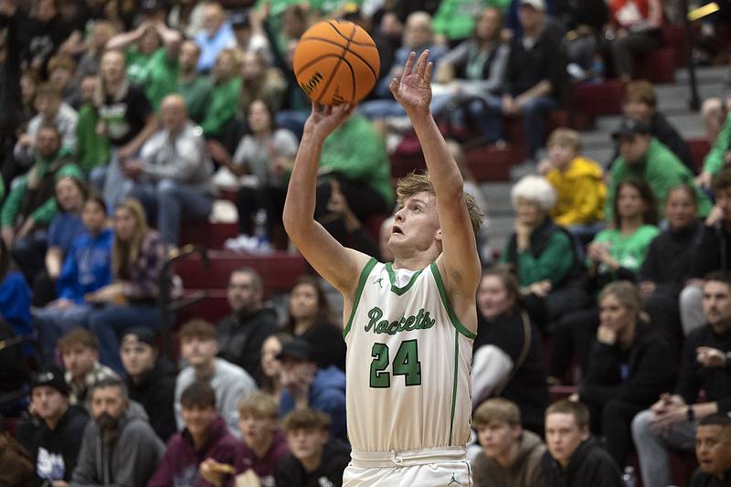 Rock Falls’ Owen Mandrell puts up a three point shot against Princeton Friday, March 7, 2025, in the Class 2A boys basketball Sectional final in Marengo.