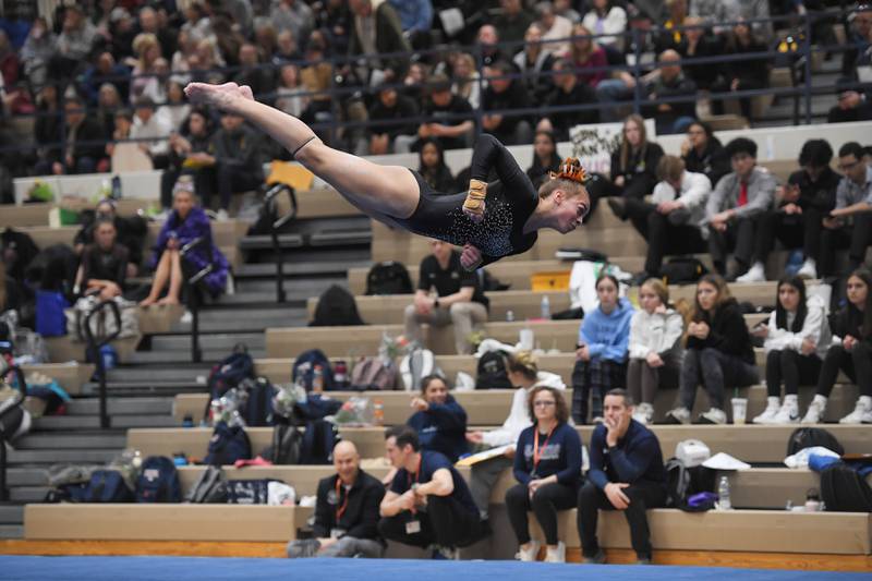 DeKalb’s Gianna Goff performs her floor exercise routine at the Lake Park girls gymnastics sectional meet in Roselle on Monday, February 6, 2023.