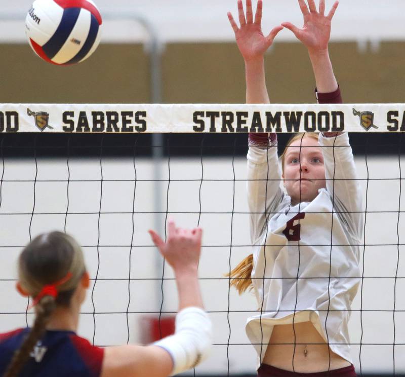 Prairie Ridge’s Sonora Bekere blocks against St. Viator in IHSA Class 3A Super-Sectional girls volleyball at Streamwood High School in Streamwood on Monday, November 10, 2025.