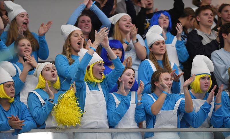 Dressed as Smurfs, Lyons Township fans cheer for their team during the girls state swimming preliminaries at the FMC Natatorium on Friday, Nov. 14, 2025 in Westmont.