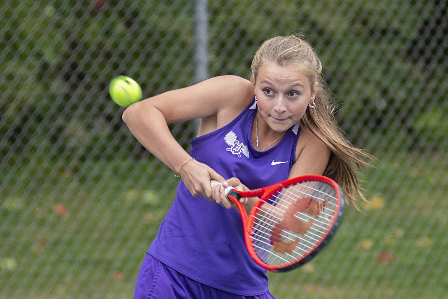 Dixon’s Arielle Tefiku returns a shot while playing doubles against Newman Thursday, Oct. 6, 2022.