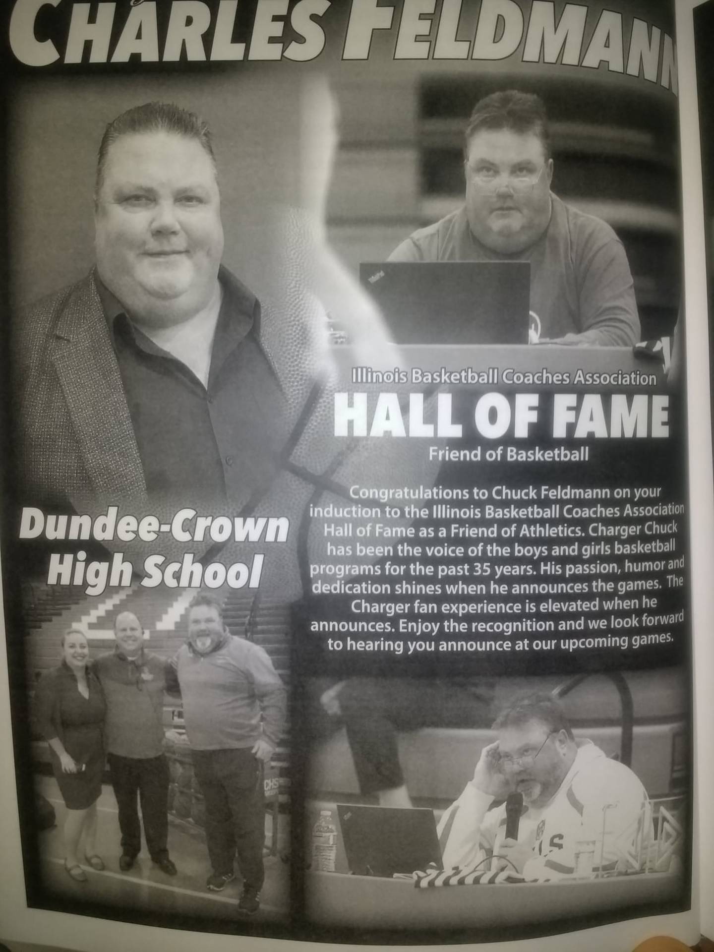 A page from the Illinois Basketball Coaches Association Hall of Fame program in 2020 when Chuck Feldmann was inducted as a friend of basketball.