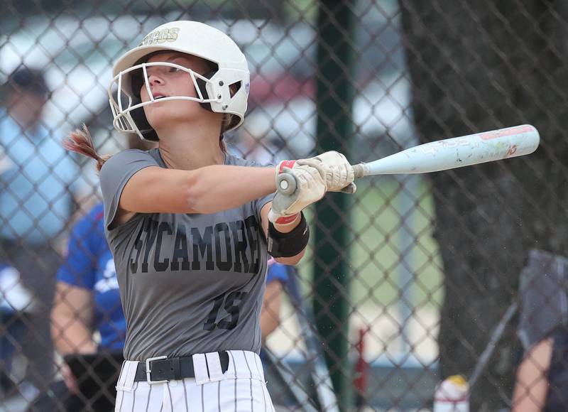 Sycos’ Leah Harbecke takes a cut Friday, June 27, 2025, during their 16u game against Select Fastpitch in the Storm Days tournament at the Sycamore Community Sports Complex.