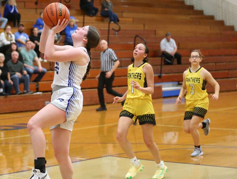 Princeton's Camryn Driscoll runs in all alone to score on a layup against Putnam County during the Princeton Holiday Girls Basketball Tournament on Tuesday, Nov. 19, 2024 at Princeton High School.