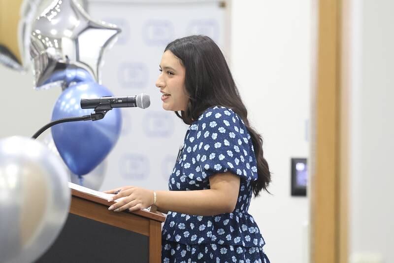 Joliet West student Diana Jauregui, who interned at Ascension St. Joseph Hospital, speaks at the celebration of the first Will County Summer Internship Program organized by the Will County Center for Economic Development on Wednesday, Aug. 7, 2024 in Joliet.