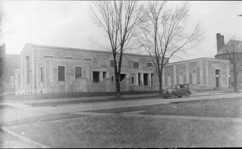 The Haish Memorial Library in DeKalb, looking northeast from 3rd and Oak streets, around the time of the building's dedication in 1931.