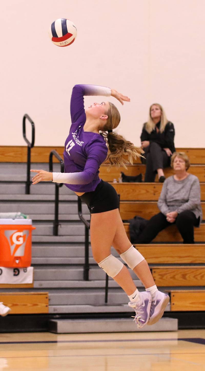 Rochelle's Jillian Bruns hits the ball during the Hubs' match with Ottawa on Oct. 23, 2025.