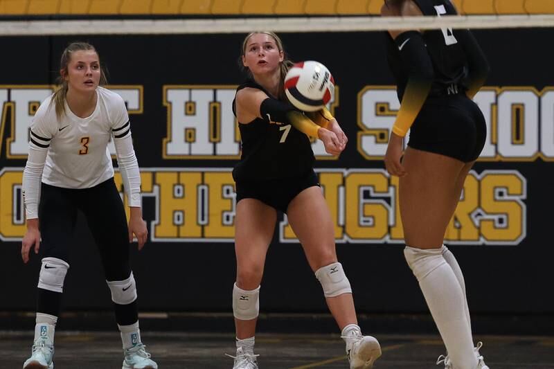 Joliet West’s Lola Berta receives the serve against Romeoville on Thursday, Sept. 5, 2024 in Joliet.