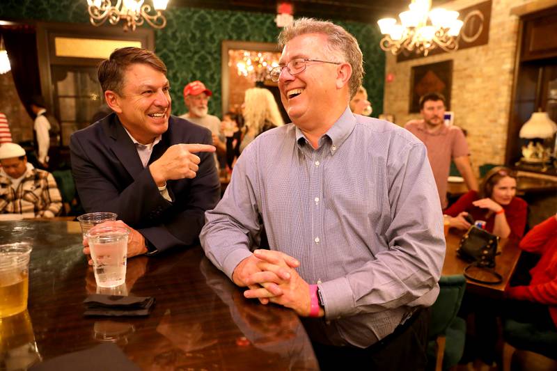 Bill Roth (right), Republican candidate for Kane County Board District 12, talks with Paul Clementi of Wayne while awaiting election results on Tuesday, Nov. 5, 2024 at the Arcada Theatre in St. Charles.