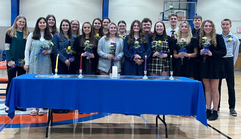 Eleven Eastland High School Students were inducted into the National Honor Society. Pictured in the front row, left to right, are: Mallory Misiewicz, Adelia Rush, Paige Joiner, Kennidee Bryant, Kennedy Burkholder, Kyla LaRue, Gracie Steidinger, and Jenica Stoner. Back row: Ella Gunderson, Belle Lego, Emily Janssen, Sarah Kempel, Lillian Greenfield-Siegner, Ashleigh Ifert, Keegan Strauch, Hudson Groezinger, Ryan Sauer, Jason Prowant.