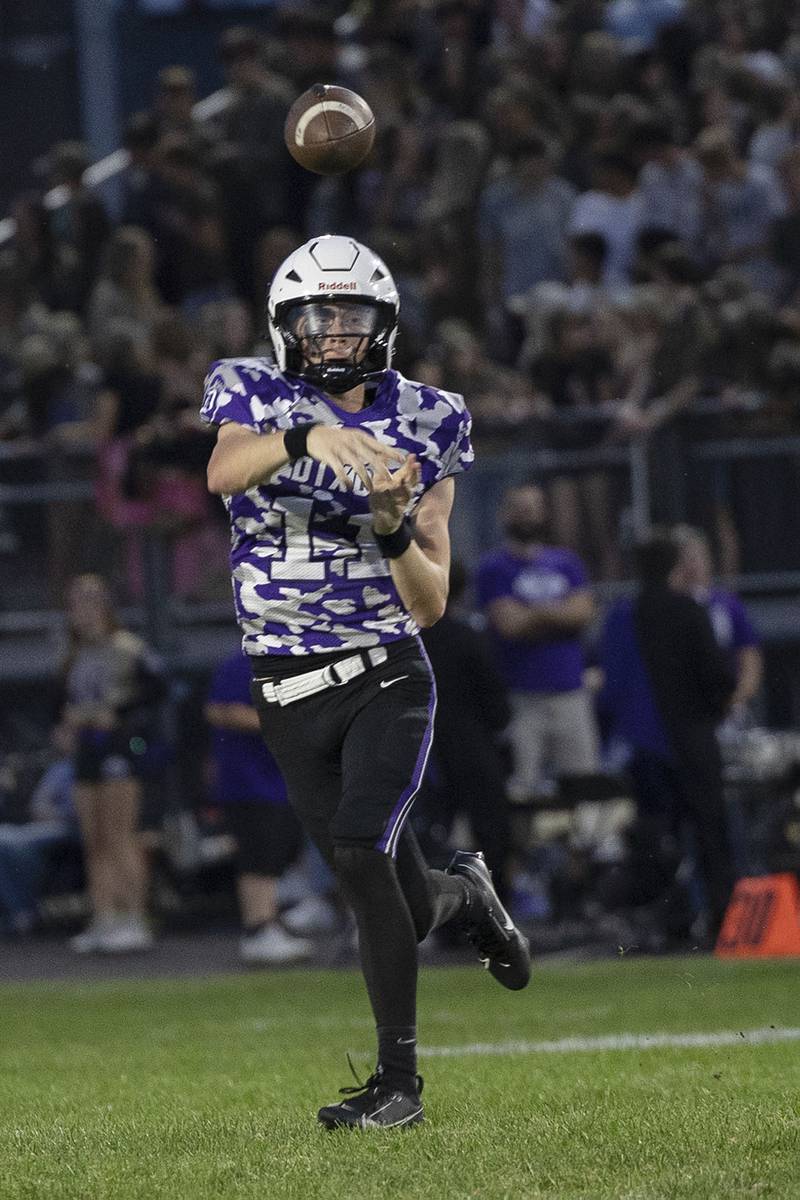 Dixon’s Jagger Kemp fires a pass against Rock Falls Friday, Sept. 12, 2025.