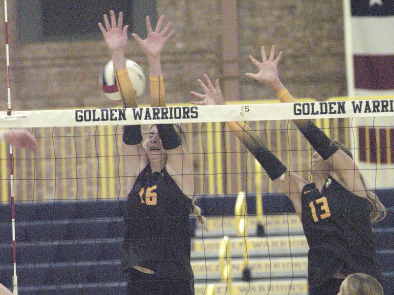 Sterling players Kasey Weeks and Marley Sechrest defend as a Geneseo player spikesa ball by them. The action took place at the Sterling vs. Geneseo Volleyball match at Homer Musgrove fieldhouse, on Thursday, Sept. 5, 2024