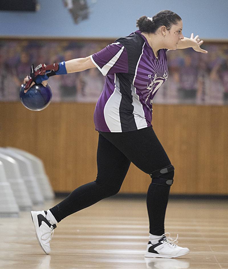 Dixon’s Addison Cox makes her approach Friday, Feb. 7, 2025, in the girls bowling regionals at Plum Hollow in Dixon.