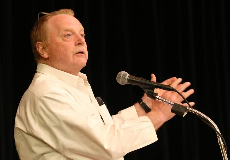 Ralph Moshage, a retired Carus employee, speaks during the Carus town hall meeting on Wednesday, May 10, 2023 in Matthiessen Auditorium at LaSalle-Peru Township High School.