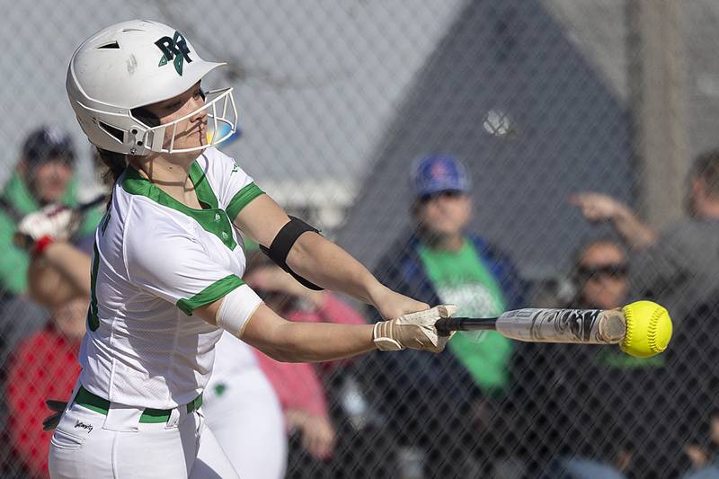 Rock Falls’s Maddison Morgan connects for a hit against Dixon Tuesday, April 9, 2024 at Reynold’s field in Dixon.