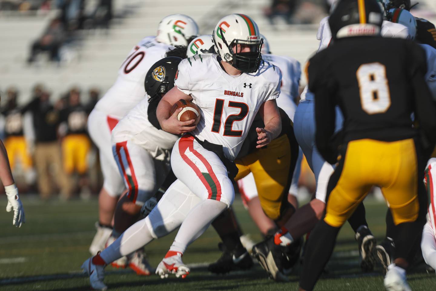 Plainfield East quarterback Brett Winiecki rushes for a touchdown on Friday, April 2, 2021, at Joliet West High School in Joliet, Ill.
