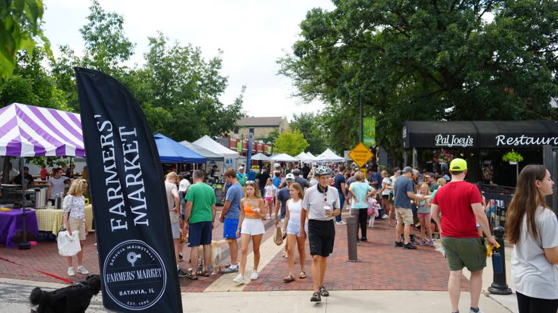 People enjoy the Batavia Farmers' Market along North River Street on June 29, 2024.