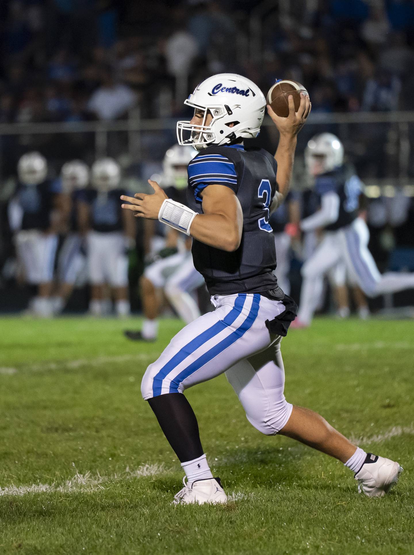 Burlington Central quarterback Landon Arnold passes during their game against Prairie Ridge on Friday, September 19, 2025 at Burlington Central High School. Ryan Rayburn for Shaw Local
