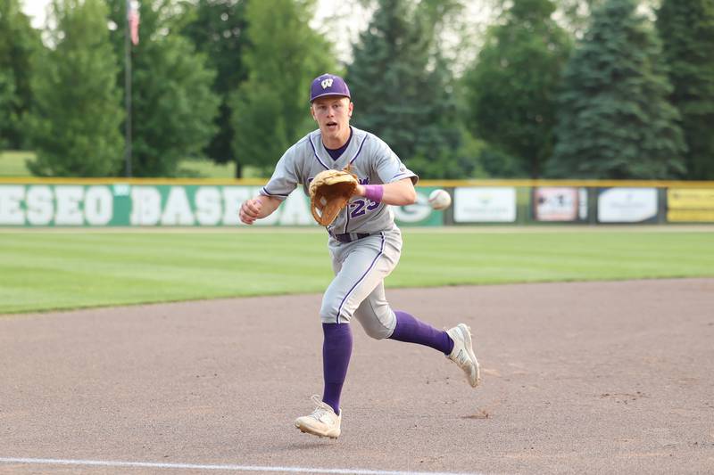 Wilmington's Ryan Kettman prepares to field the ball before it's called foul during the Wildcats' 4-0 loss to Eureka in the IHSA Class 2A Geneseo Super-Sectional on Monday, June 2, 2025.