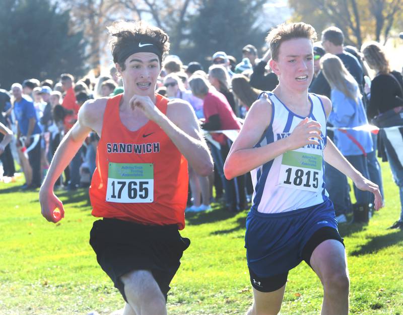Sandwich's Josh Schaefers	 and Newman's Ryan Welty sprint to the finish line at the 1A Oregon Sectional on Saturday, Oct. 29 at Oregon Park West.