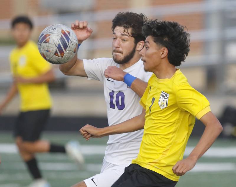 Wauconda's Sam Jurczyk bales with Harvard's Jesús Aquino to control the ball during the IHSA Boys Soccer 2A Grayslake Central Sectional semifinal match on Tuesday, Oct. 29, 2024, at Grayslake Central High School,