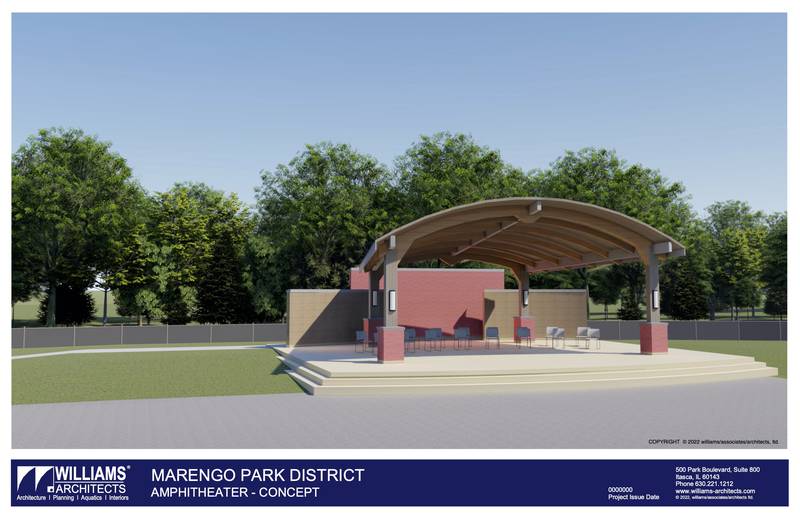 A band shell for outdoor performances and events is part of a Marengo Park District proposal to renovate the former pool into the Venue at the Park.