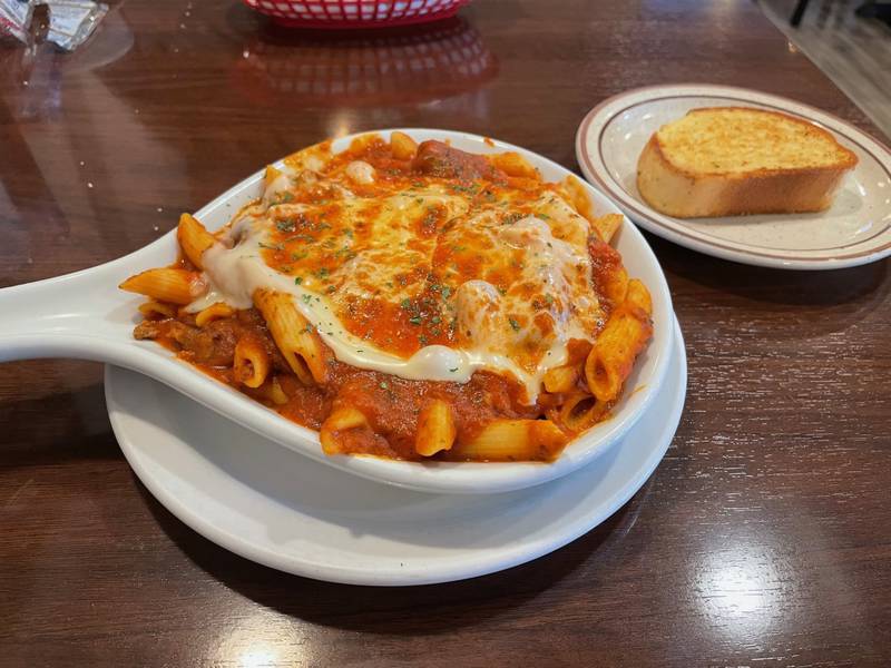 Baked mostaciolli with sausage, one of the specials at Four Star Family Restaurant in Peru.