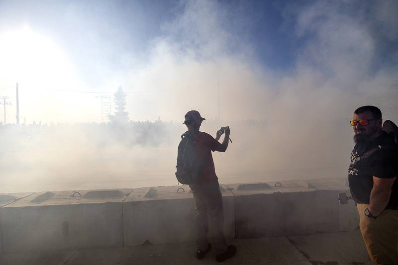 Smoke fills the air as rubber is burned from Thursday, June 19, 2025, during the burnout show in Rock Falls.