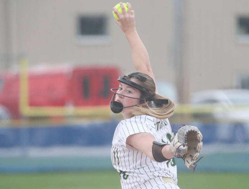 St. Bede's Reagan Stoudt fires a pitch to Marquette on Thursday, April 18, 2024 in Ottawa.