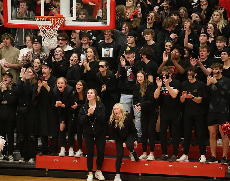 Ottawa superfans react while playing L-P in Kingman Gymnasium on Friday, Feb. 10, 2023 at Ottawa High School.