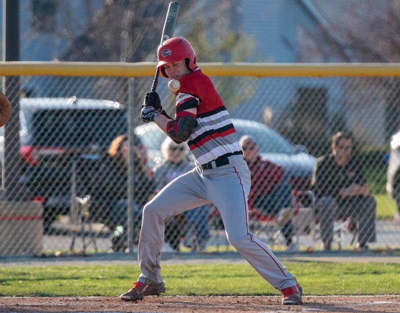 Yorkville's Ryan Harris (7) is hit by a pitch during a baseball game against Plainfield North at Plainfield North High School on Thursday, April 21, 2022.