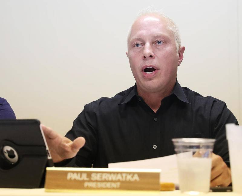 Village President Paul Serwatka responds to a public comment during a village board meeting Tuesday, June 12, 2018 in Lakewood.