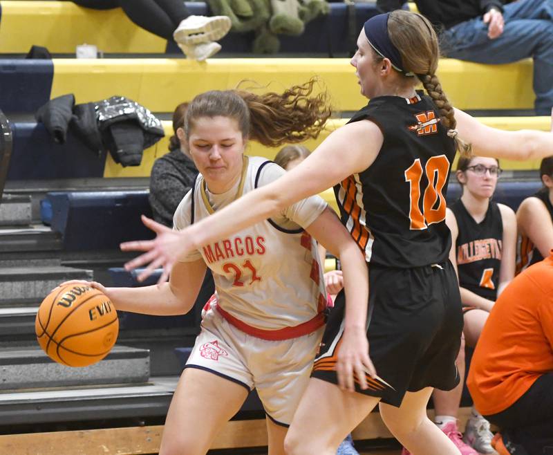 Polo's Reese Mekeel (21) drives the baseline as Miledgeville's Leslie Mayne (10) defends on Saturday, Jan. 24, 2026 at Polo High School.