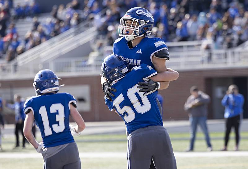 Newman’s Brady Williamson celebrates a TD against ROWVA Saturday, Oct. 28, 2023 in the Class 1A playoffs in Sterling.