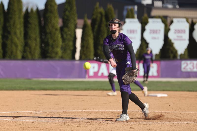 Wilmington's Taryn Gilbert releases a pitch during the Wildcats' 9-7 loss to Manteno on Tuesday, April 8, 2025.
