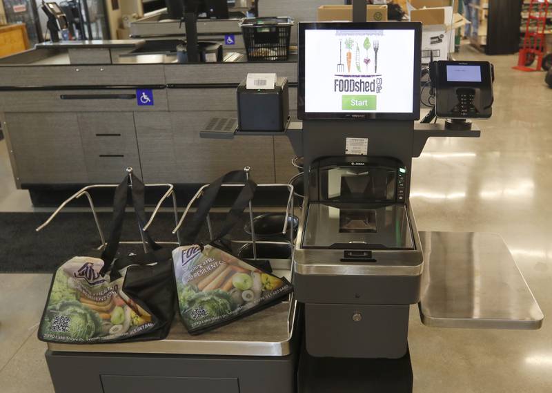 A self check out at the Food Shed, McHenry County's first co-op grocery store, on Friday, May 10, 2024, The he store opens on May 15.