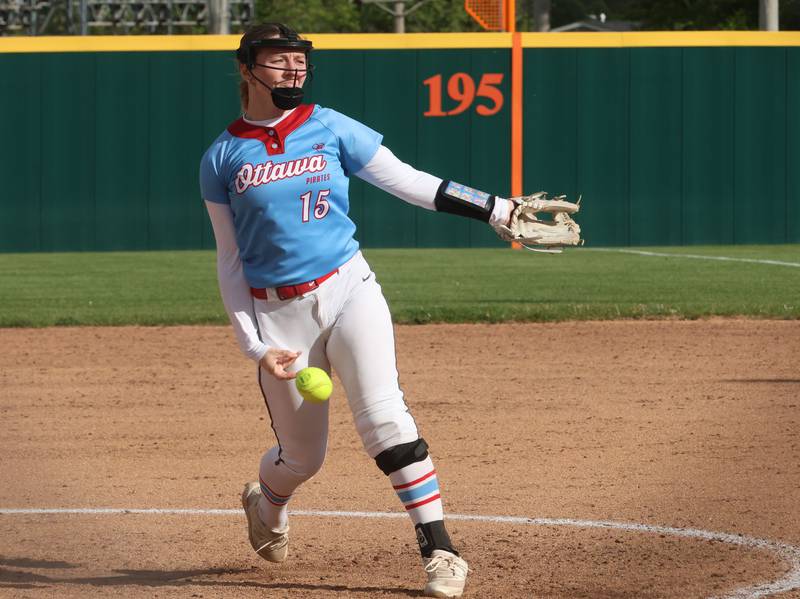Ottawa pitcher Addie Russell fires a pitch to L-P on Wednesday, April 29, 2026 at the L-P Athletic Complex in La Salle.