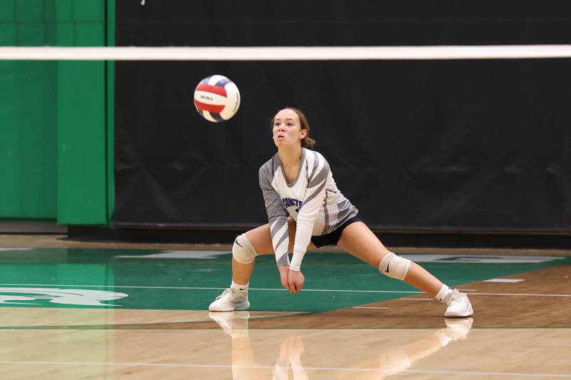 Clifton Central's Eriannah Martinez volleys a serve to her setter during the Comets' loss in two sets, 25-20, 25-16, to Grace Christian in the IHSA Class 1A Dwight Regional quarterfinals on Monday, Oct. 27, 2025.