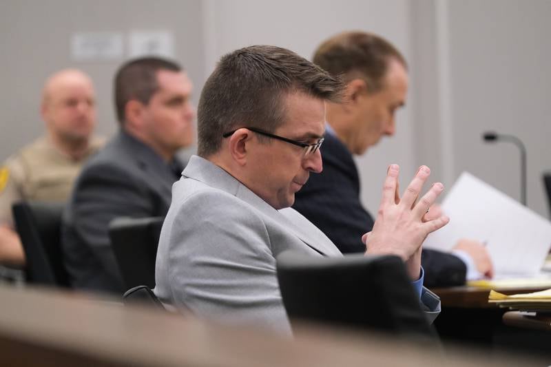 Prosecuting attorney Daniel Egan listens to the judge during the Jeremy Boshears trial. Boshears is charged with the murder of Kaitlyn “Katie” Kearns, 24, on Nov. 13, 2017. Monday, April 25, 2022, in Joliet.