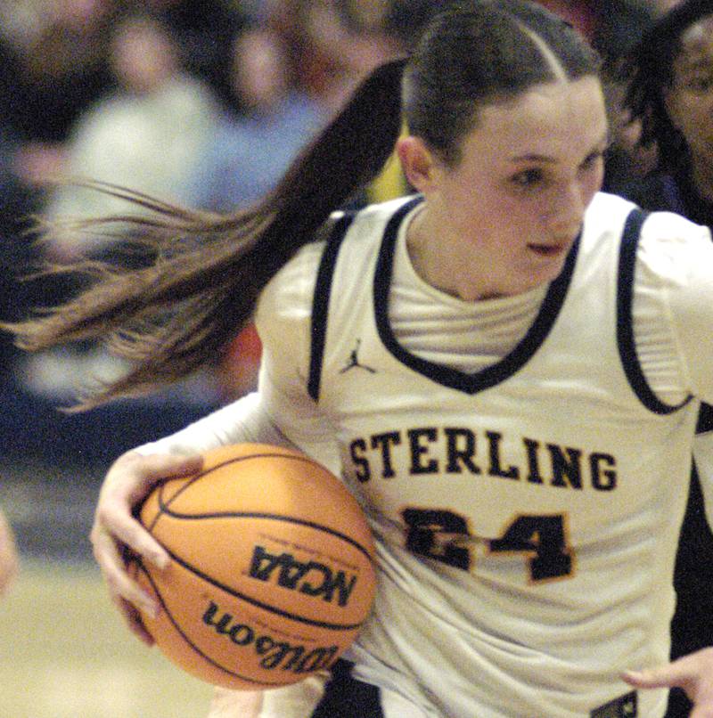 Warrior Madison Austin drives to the basket. The Sterling Golden Warriors faced off against Plano Lady Reapers in an IHSA 3A Regional girls final at Musgrove Fieldhouse in Sterling on February 20, 2025. Sterling won the game 70-38.