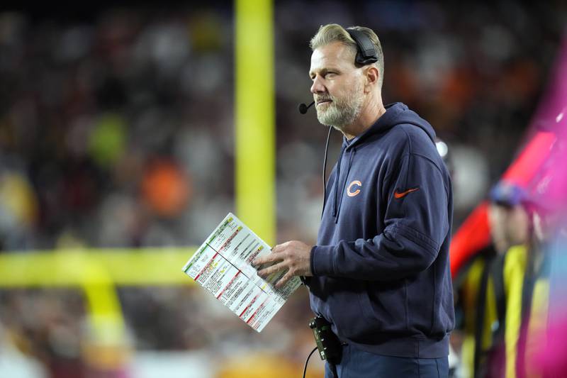 Chicago Bears head coach Matt Eberflus watches from the sideline in the second half of an NFL football game against the Washington Commanders Sunday, Oct. 27, 2024, in Landover, Md. (AP Photo/Stephanie Scarbrough)