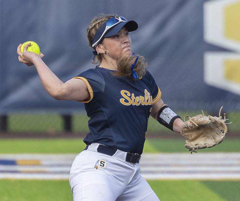 Sterling’s Mya Lira fires to first after fielding a ball against Quincy Tuesday, March 31, 2026.